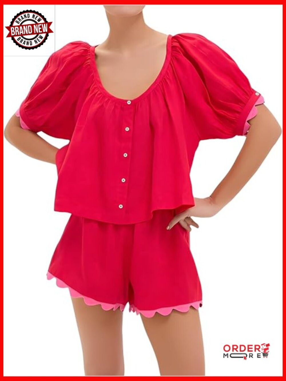 Two Piece Gingham Short Set Puff Sleeve Scalloped Hem